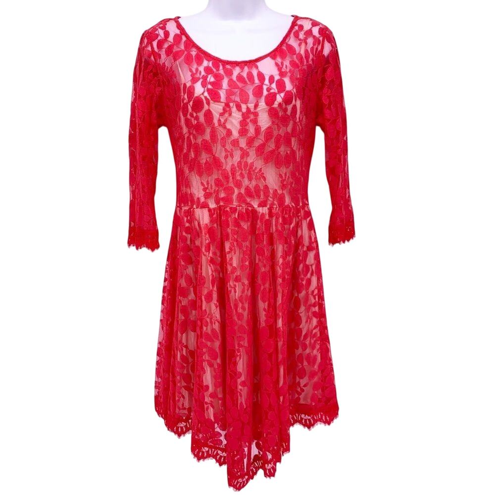 Free People Red Lace Floral Midi Dress Womens Size 6